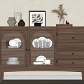 Wooden Sideboard With Arched Glass Doors Drawers Plates Bowls And Decorative Vase Plant On Top
