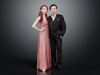 Couple In Pink Gown And Black Suit Against Gray Background 3d model