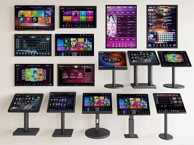 Multiple Interactive Touchscreen Business Equipment With Colorful Display Screens And Stands 3d model
