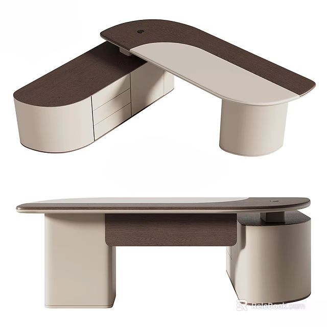 Modern Curved Office Desk Design With Beige Brown Finish And Drawer Storage 3d model 