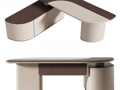 Modern Curved Office Desk Design With Beige Brown Finish And Drawer Storage 3d model