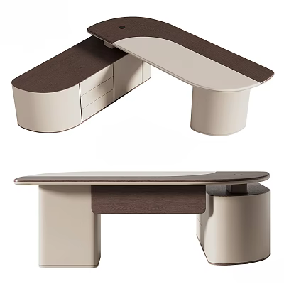 Modern Curved Office Desk Design With Beige Brown Finish And Drawer Storage 3d model