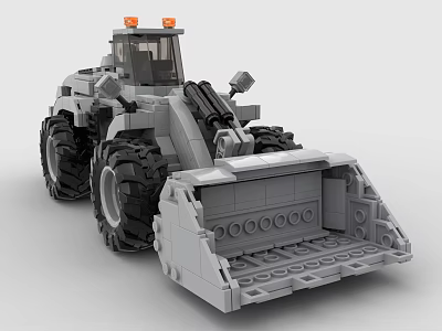 Gray Building Blocks Loader With Large Tires Front Bucket And Orange Lights 3d model