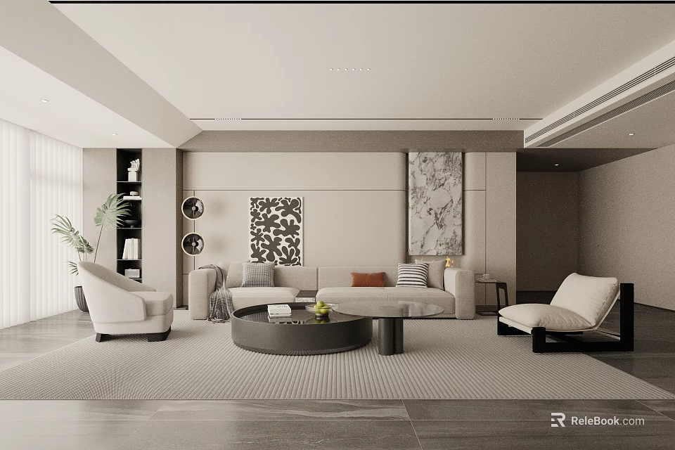 Modern Living Room Interior Design With Sofa Armchairs Round Coffee Table Decorative Paintings And Plant 3d model 