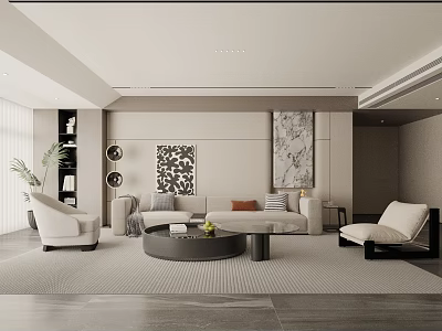Modern Living Room Interior Design With Sofa Armchairs Round Coffee Table Decorative Paintings And Plant 3d model