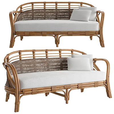 Natural Wicker Sofa With White Cushions And Rattan Frame For Living Room Seating 3d model