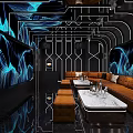 KTV Interior Design With Starry Sky Backdrop Brown Leather Sofas Coffee Tables And Neon Lights 3d model