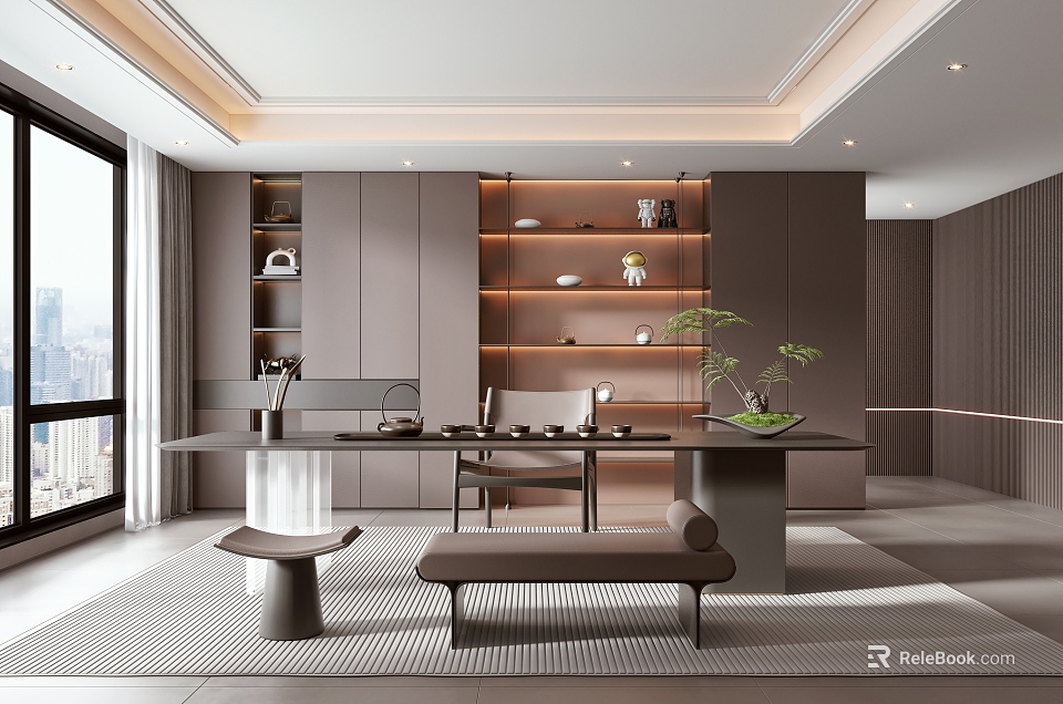 Modern Tea Room Interior With Long Table Bench Display Shelves Tea Sets And Green Plants 3d model 