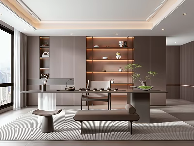 Modern Tea Room Interior With Long Table Bench Display Shelves Tea Sets And Green Plants 3d model
