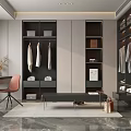 Modern Walk in Closet Interior Design With Hanging Clothes Cabinets Mirror And Console Table
