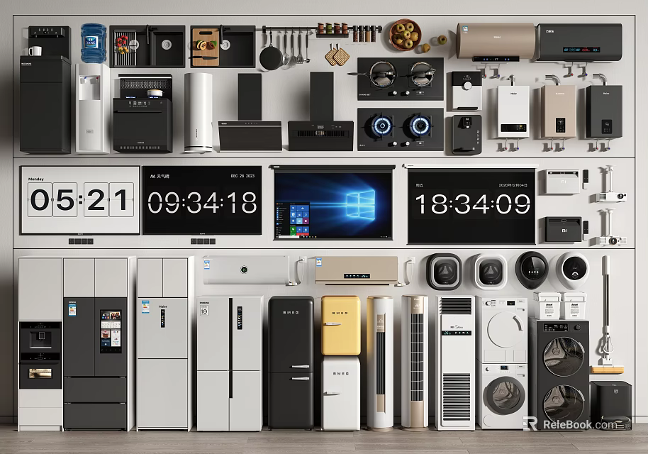 Different Styles Of Home Kitchen Appliances With Refrigerators Ovens And Smart Screens 3d model 