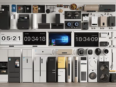 Different Styles Of Home Kitchen Appliances With Refrigerators Ovens And Smart Screens 3d model