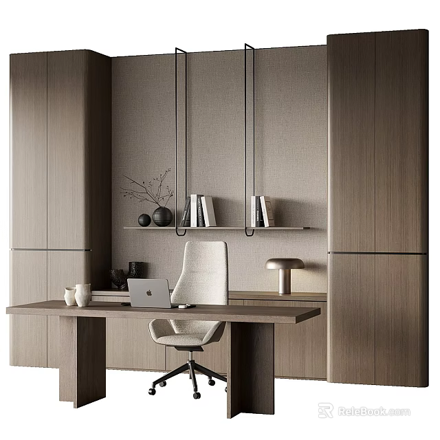 Modern Minimalist Desk and Chair Set With Wooden Desk White Chair Bookshelf and Decor 3d model 