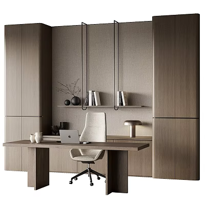 Modern Minimalist Desk and Chair Set With Wooden Desk White Chair Bookshelf and Decor 3d model