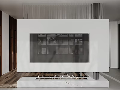 Modern White TV Wall With Fireplace Detail In Minimalist Home 3d model