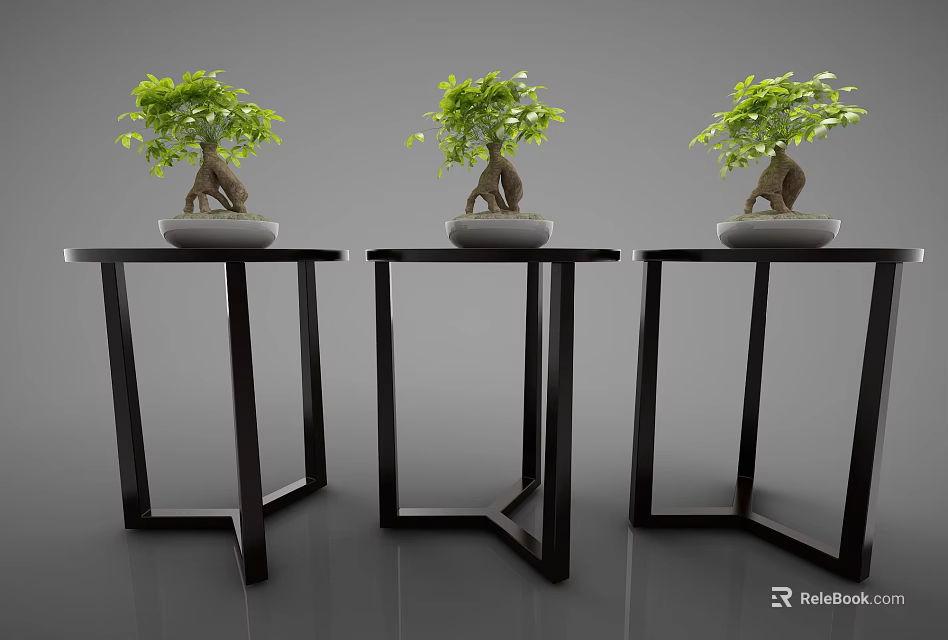 Bonsai Potted Plants on Three Black Tables with Green Leaves and Root Patterns 3d model 