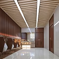 Public Toilet Interior With Wooden Stalls Mirrors Clean Sinks And Bright Lighting