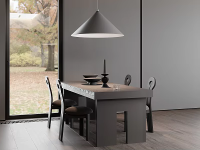 Modern Minimalist Dining Table Set With Grey Chairs Pendant Lamp And Natural Light 3d model