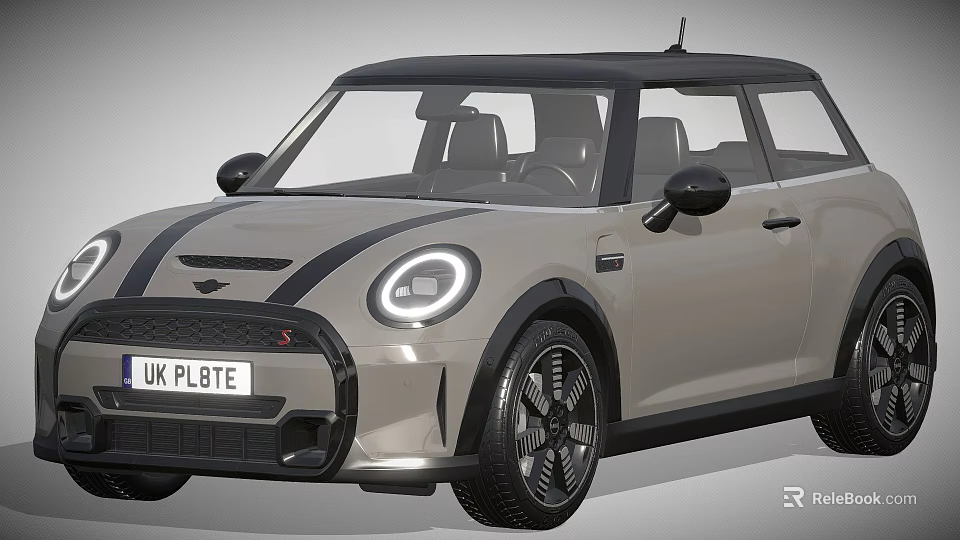 Light Gray Mini Cooper Car Featuring Black Stripes Black Roof Round Headlights And Black Wheels 3d model 