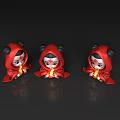 Three Cartoon Characters With Red Cloaks Holding Glowing Objects On Black Reflective Surface 3d model