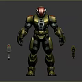 3D Armored Character And Mechanical Creatures With Red Helmet Gold Green Armor