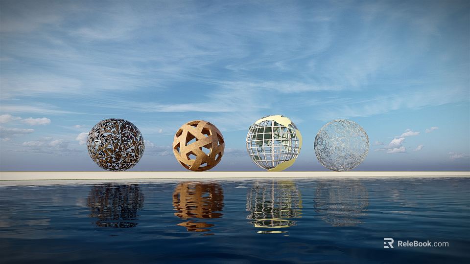Four Spherical Hollow Design Landscape Sculptures By Waterfront With Blue Sky And Water Reflections 3d model 