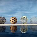 Four Spherical Hollow Design Landscape Sculptures By Waterfront With Blue Sky And Water Reflections