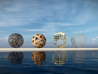 Four Spherical Hollow Design Landscape Sculptures By Waterfront With Blue Sky And Water Reflections 3d model