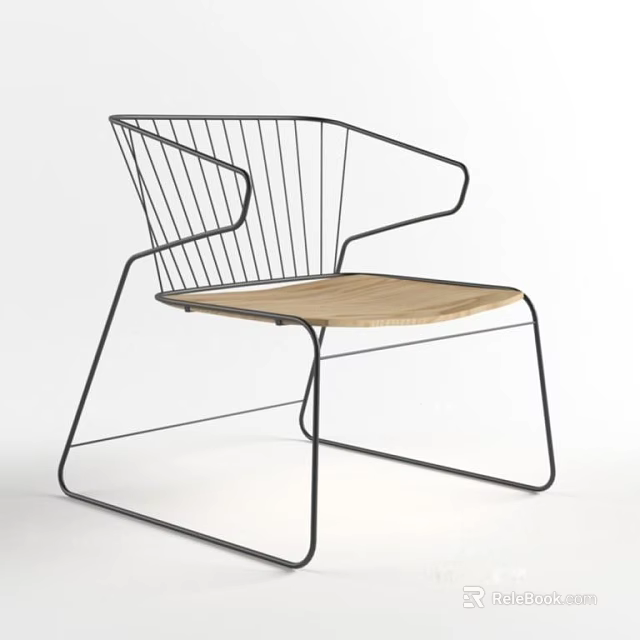 Modern Leisure Chair With Black Metal Frame And Wooden Seat 3d model 