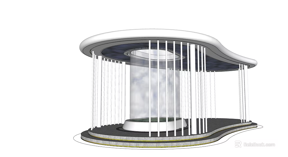 Modern Garden Landscape With Curved Roof White Columns And Glass Structure 3d model 