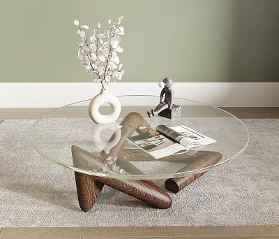 Round Glass Top Coffee Table With Wooden Curved Legs White Vase And Magazines 3d model
