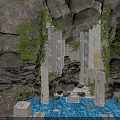 Ancient Cave Interior With Blue Water Pool Stone Pillars And Green Vines