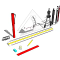 Essential Stationery Tools Including Ruler Compass Triangle Pencil Eraser And Pens