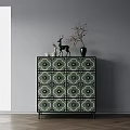 Green Patterned Entryway Console Cabinet with Deer Ornament Vase and Flower Branches 3d model