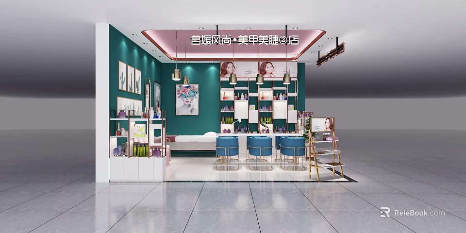Bao Li Fashion Nail And Eyelash Studio With Green Wall Display Shelves And Chairs 3d model 