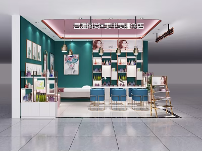 Bao Li Fashion Nail And Eyelash Studio With Green Wall Display Shelves And Chairs 3d model