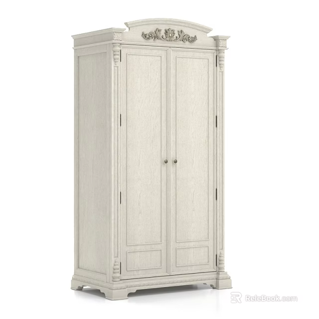 Elegant White Wardrobe With Double Doors And Traditional Carved Details 3d model 