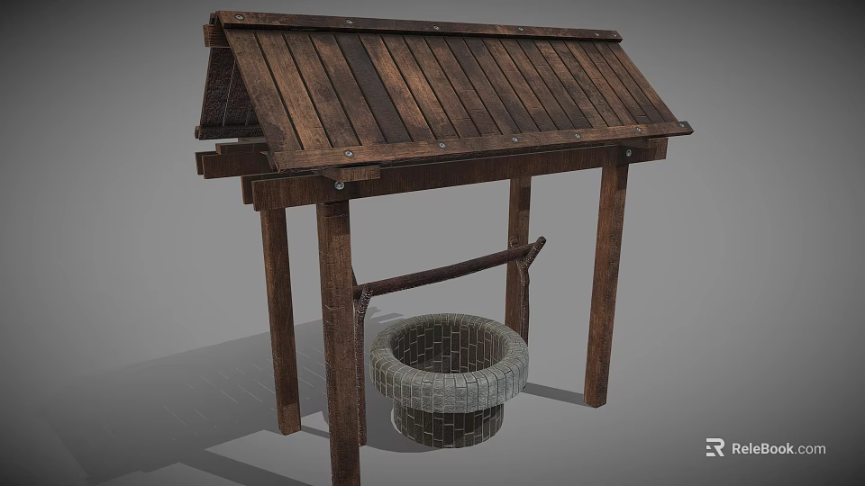 Rustic Traditional Well Structure with Wooden Roof Frame and Stone Basin 3d model 