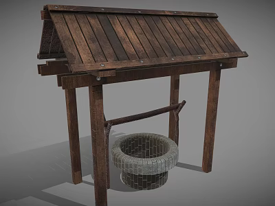 Rustic Traditional Well Structure with Wooden Roof Frame and Stone Basin 3d model