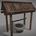 Rustic Traditional Well Structure with Wooden Roof Frame and Stone Basin