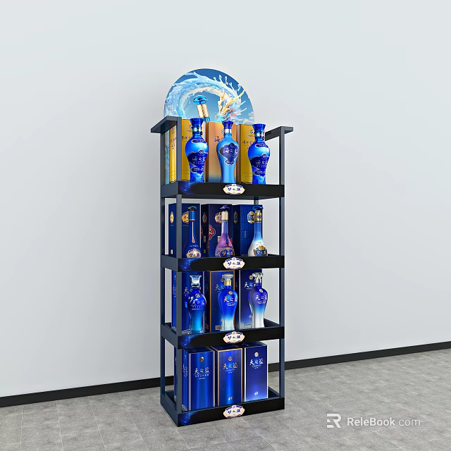 Multi tiered Display Shelf With Blue Bottles And Arched Blue Decoration 3d model 