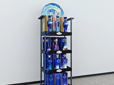 Multi tiered Display Shelf With Blue Bottles And Arched Blue Decoration 3d model