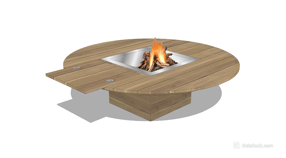 Round Wooden Fire Pit Table With Extendable Cover And Burning Flame Outdoor Design Features 3d model