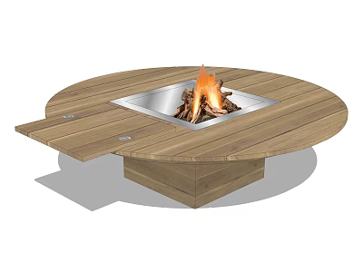 Round Wooden Fire Pit Table With Extendable Cover And Burning Flame Outdoor Design Features 3d model