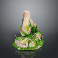 Natural Stone Decorative Landscape With Moss Covered Rocks Green Grass And Small White Flowers