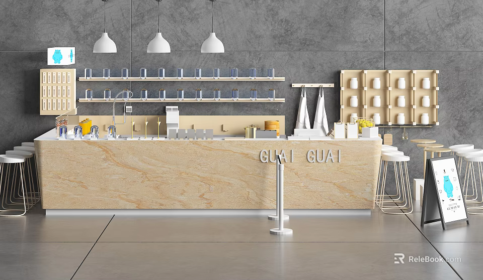 Modern Workspace Functional Desk With Light Wood Top Glass Shelves And White Pendant Lights 3d model 