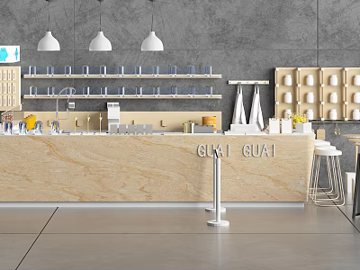 Modern Workspace Functional Desk With Light Wood Top Glass Shelves And White Pendant Lights 3d model