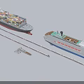 Luxury Yacht Moored Near Large Cruise Ship And Container Ship Along Railway Tracks