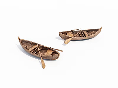 Two Traditional Handcrafted Wooden Boats With Wooden Paddles On White Background 3d model