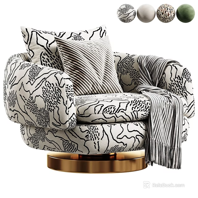 Patterned Accent Lounge Chair With Striped Pillow Throw Blanket And Gold Swivel Base 3d model 
